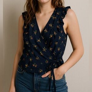 Likely Topaz Navy Floral Wrap Sleeveless Top Size M
